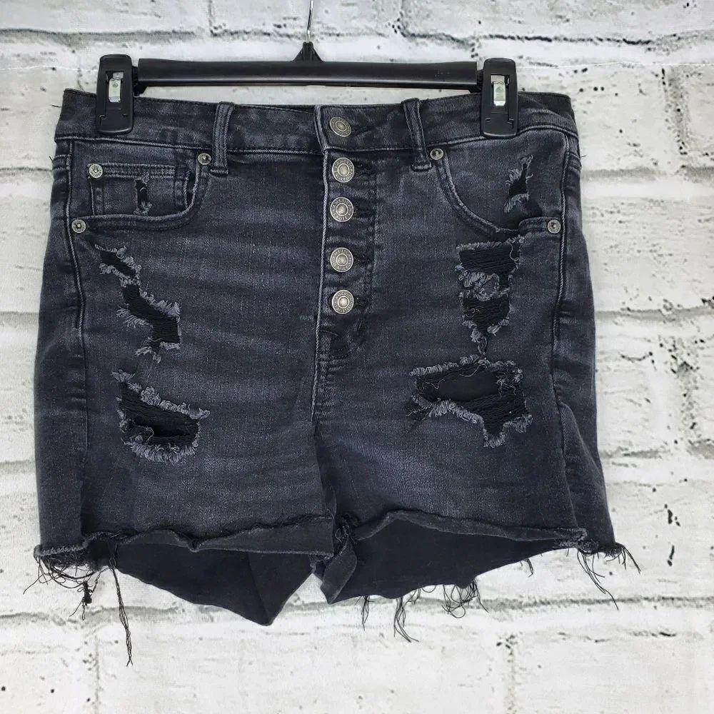 American Eagle super hi rise shortie jeans button fly Distressed size 8 stretch